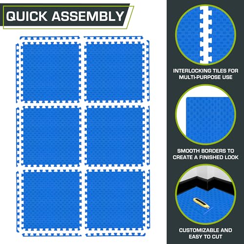 Image of ProsourceFit Exercise Puzzle Mat 1-inch, Checkered EVA Foam Floor Tiles w /Non-Slip Texture, Interlocking Design for Adjustable Gym Surfaces, Shock Absorbing, Blue, 24 SQ FT - 6 Tiles