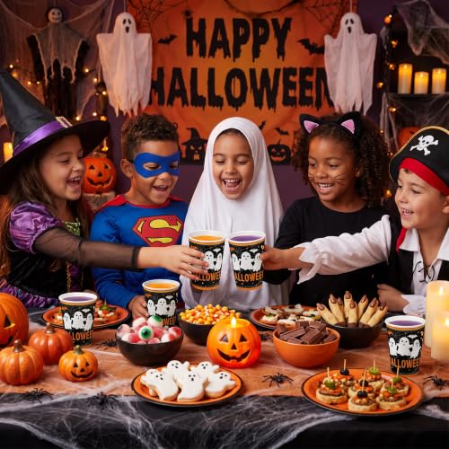 Litmitfu 30 Pack Halloween Paper Cups - Disposable Halloweens Heavy Duty Cups, Ghost Bats Spider Web Design Cup for Halloween Themed Party Decorations Supplies Favors, 9 oz - image 2