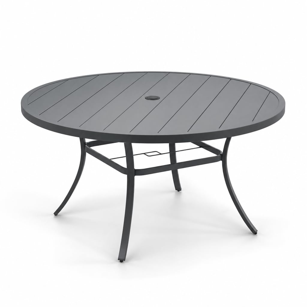 VICLLAX 53" Outdoor Round Patio Table for Lawn Garden, All Weather Metal Round Patio Dining Table with Adjustable Umbrella Hole, Patio Table for 8 Person, Grey