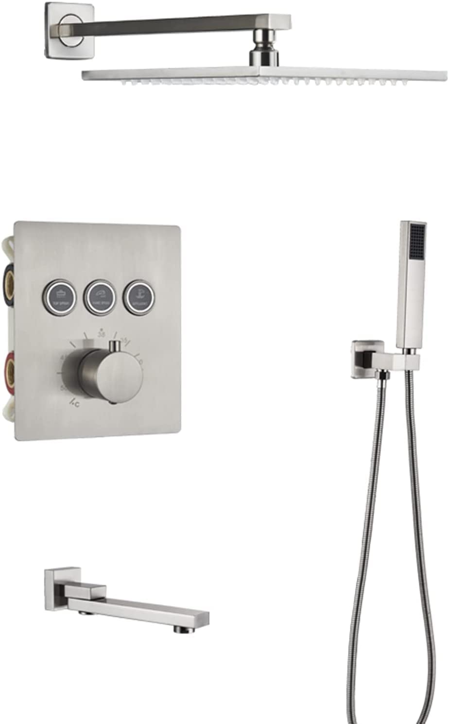 OZBMA shower set concealed system thermostatic faucet brushed brass wall mounted anti scald with hand and rainfall head advanced air injection technology,