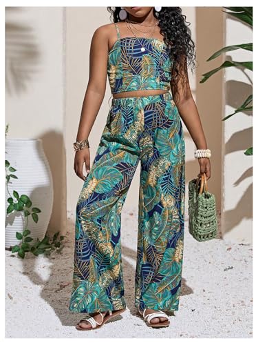 Image of Floerns Girl's 2 Piece Outfit Hawaiian Tropical Crop Cami Tops and Boho Pants Set