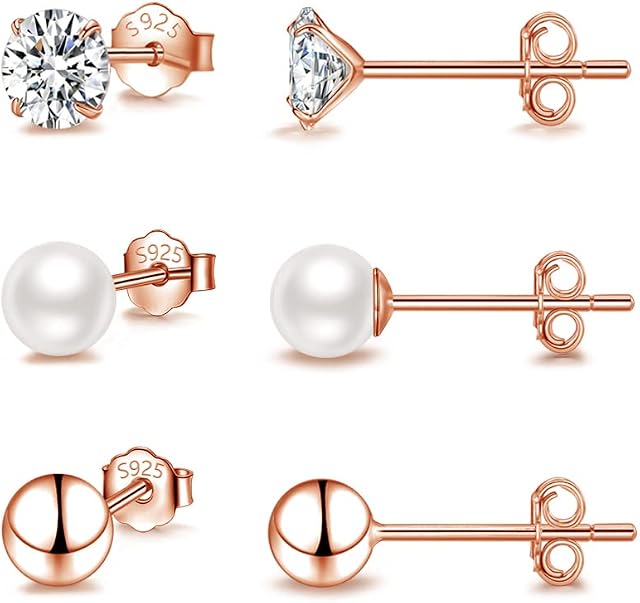 SAKUNALA 925 Sterling Silver Stud Earrings for Women, 4mm*3 Pairs Stud Earrings Set for Women Girls, Small Sleeper Cartilage Silver Studs for Multiple Piercings, Silver/Gold/Rose Gold
