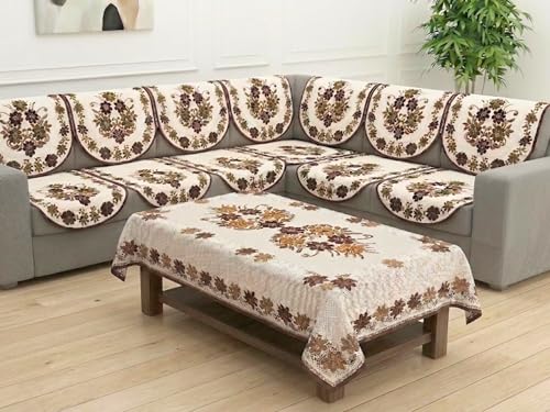 Image of Fab Nation Sofa Cover L Shape 7 Seater with Corner L Type Fully Covered Sofa Set for Living Room | Cotton Sofa Slipcovers for 4 + 3 Seaters Cover with 1 Table Cover | Floral Brown