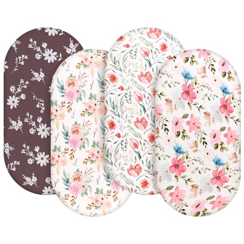 Image of 4 Pack Baby Girl Bassinet Sheets Set Soft Fitted Floral or Elephant Theme Baby Girl Mattress Covers Breathable Toddler Bed Sheets for Infant or Newborn Girls (Flower, Bassinet Sheets)