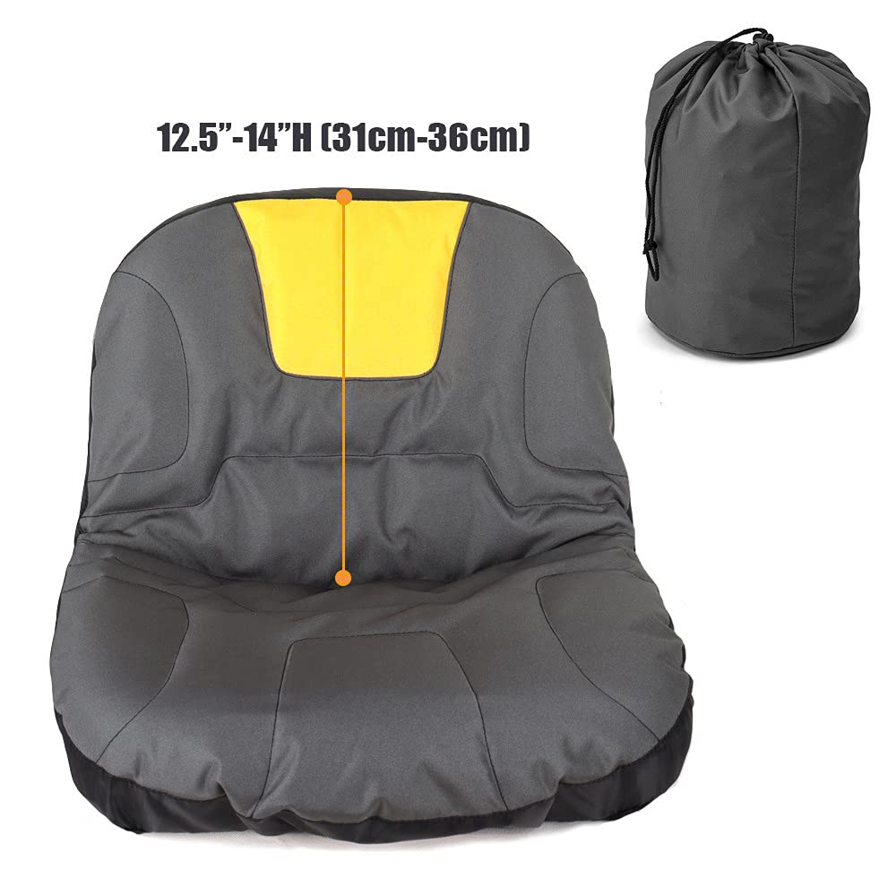 Cubierta de Asiento Tractor Cortacésped Conductor, Tela Oxford 600D, Gris Y Amarillo, Ajuste Personalizado, Cojín Acolchado y Bolsillos Traseros