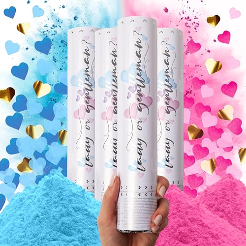 PrimePure Revelacion Genero Bebe Canon de Confeti - Polvo Biodegradable y Cañón Confeti en Forma de Corazón - Rosa y Azul, Pack 4 - Gender Reveal Confetti Cannon para Anunciar Bebé Niño o Niña