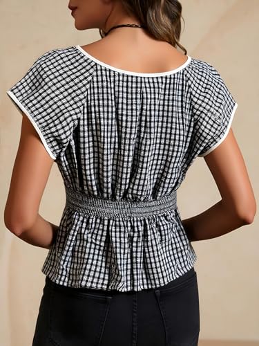 Women's Cute Plaid Puff Short Sleeve Peplum Blouse Button Front V Neck Going Out Shirts2