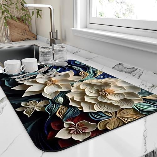 Image of Dish Drying mat for Kitchen Water Absorbent mats for Kitchen Utensils Large Dry mat for Kitchen Utensils Drying mat Water Absorbent mats for Kitchen Large Size 58x38cm (Design 14)