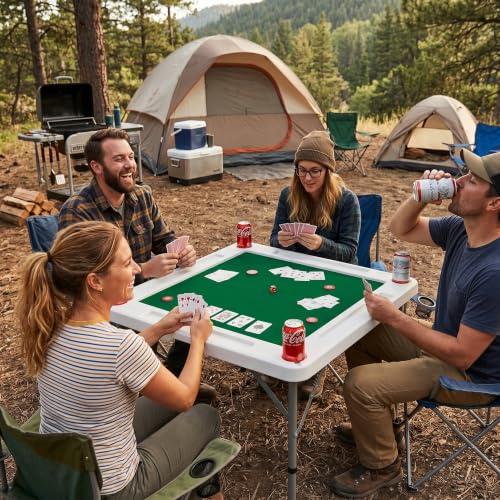 Image of Byliable 34.6 inch Folding Mahjong Table, Portable Game Table with Cup Holders | Foldable design, carry handle, 4 cup holders, 4 storage slots, HDPE tabletop, steel legs, quiet playing mat