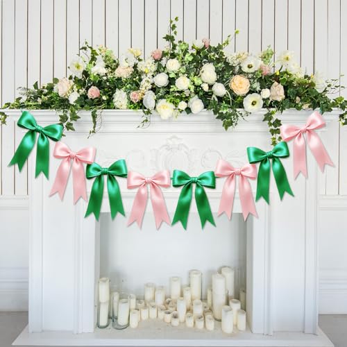 Image of 1 String of 8PCS Pink&Green Bow Garland Banner Wicked Party Decoration,Pre-Strung Satin Ribbon Ornaments for Birthday,Bachelorette Party,Wedding,Engagement,Baby Shower,Graduation Decor,Anniversary