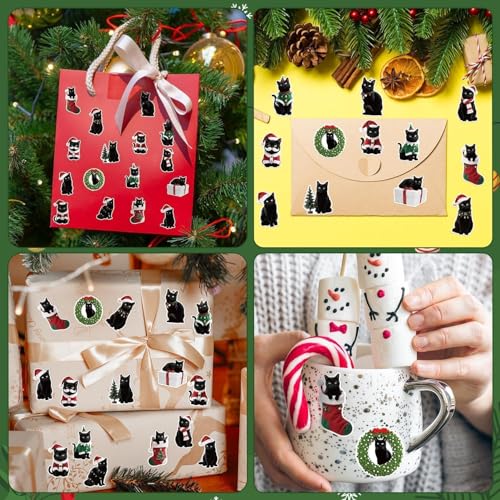 Image of Christmas Black Cat Stickers - 600 Pcs Christmas Black Cat Waterproof Vinyl Reusable Laptop Stickers Coloring Book Scrapbook Water Bottle Page Activity Pad Party Favors Skateboard Giftwrap