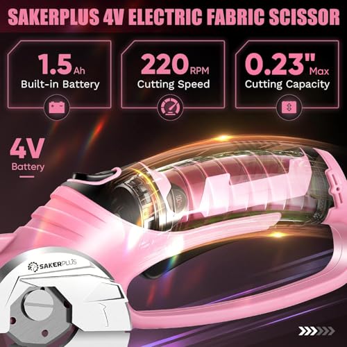 Image of SakerPlus Cordless Electric Scissors,4V Rechargeable Cardboard Box Cutter Heavy Duty Fabric Scissor with Safety Lock & LED Light,Power Rotary Cutter for Leather Carpet Plastic Cutting,Sewing,Crafting