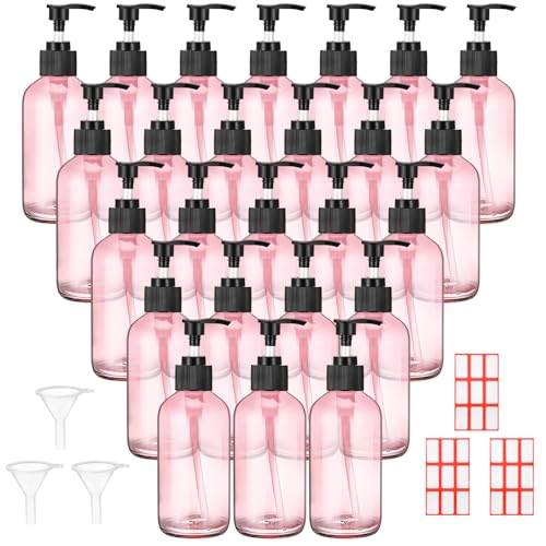 Tanlade 24 Stück 237 ml Glas-Pumpflasche, leere Flasche, Glas-Seifenspender mit Pumpe, nachfüllbare Behälter und Etiketten, Trichter für ätherische Öle, Reinigungsprodukte, Lotionen, Conditioner (Rosa