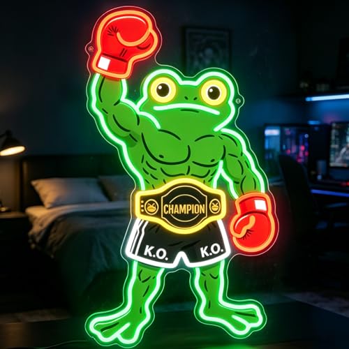 Image of HAJAE Frog Neon Sign, Dimmable Boxing Frog Champion LED Light Wall Decor - Funny Muscular Frog Gifts for Men Boys Kids, Wrestling Birthday Party Decorations, Gym Man Cave Room Neon Light