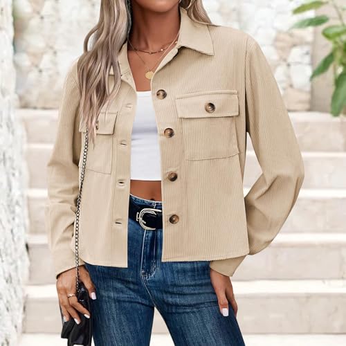 Corduroy Jacket Women Casual Long Sleeve Crop Jackets Tops Trendy Button Down Shacket Lapel Neck Outerwear for Fall2