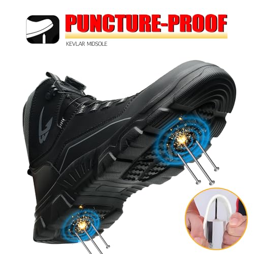 COOU Sicherheitsstiefel Herren Wasserdichte Arbeitsschuhe Damen Leicht Sicherheitsschuhe Rutschfest Drehverschluss Stahlkappenschuhe Schwarz 43/C26