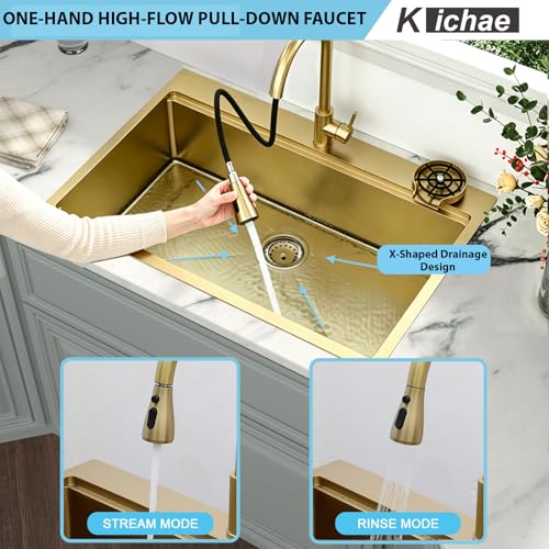 Image of Kichae 36 Inch Gold Drop in Kitchen Sink - 36x22 Gold Brushed Stainless Steel 16 Gauge Ledge Workstation Single Bowl Topmount Overmount Handmade Basin with Faucet & Glass Rinser