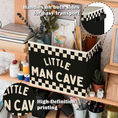 Image of Little Man Cave Boys Storage Bins Box with Handles, Black White Checkered Collapsible Basket Organizer for Kids Boys Playroom Nursery Room Bedroom Bathroom Books Clothes