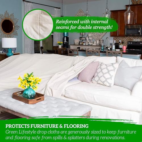 Image of GREEN LIFESTYLE All Purpose Canvas Drop Cloths - Drop Cloth for Painting, Floor Cover, Heavy Duty Protection for Furniture & Surfaces, Reusable Painters Canvas Tarp for Renovation & Home (20x20)