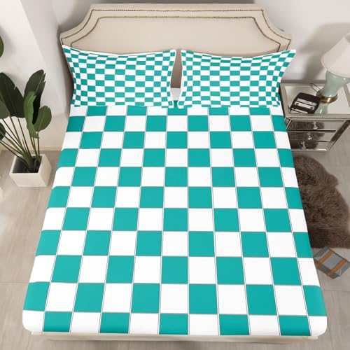 Image of Erosebridal Teal Plaid Bed Sheets Queen Turquoise Checkered Sheet Set Geometric Grids Gingham Bedding Set for Kids Boys Girls,Soft Lightweight Fitted Flat Sheets 4 Piece