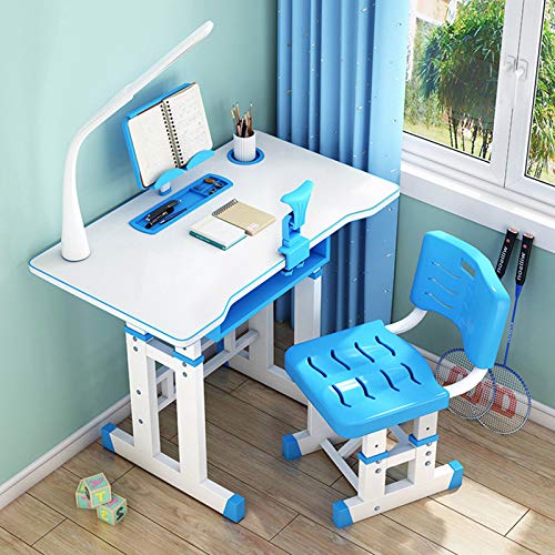 Gleamfut Kids Desk and Chair Set Adjustable Combined Study Table and Chair Set Student Writing Desk with Drawer/Lamp (Blue-b)