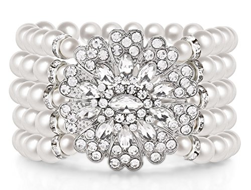 Zking Art Deco Bracelet Gatsby 5 Rows Fashion Faux Pearl Elastic Bangle 20s Flapper Accessories Jewelry