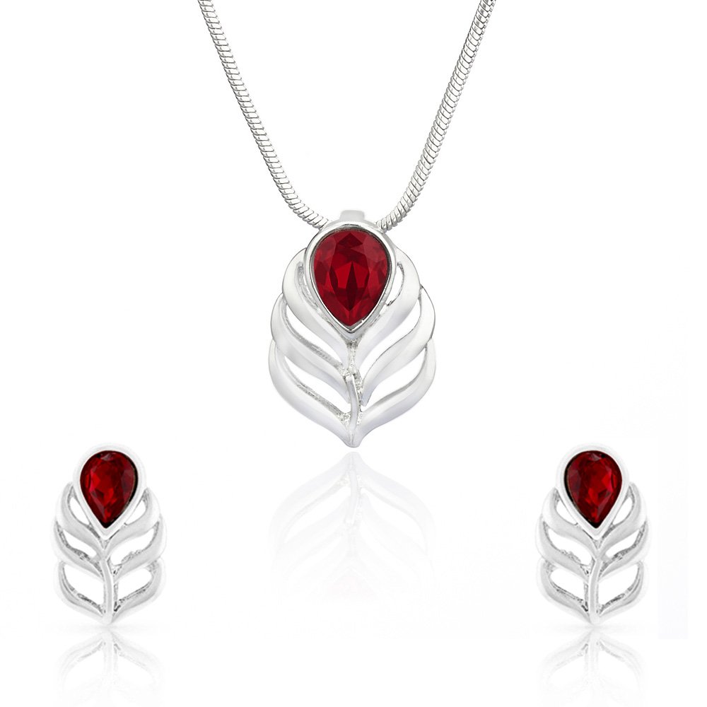 Red Peacock Feather Rhodium Plated Pendant Set for Women NL1104108RRed