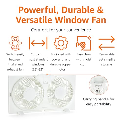 Image of Amazon Basics Twin Window Fan for Home Bedroom, 9 inch, Reversible Airflow, Exhaust Mode, Expandable Side Panels, Width Adjustable, 2 Speeds, Air Circulation, 68W, White