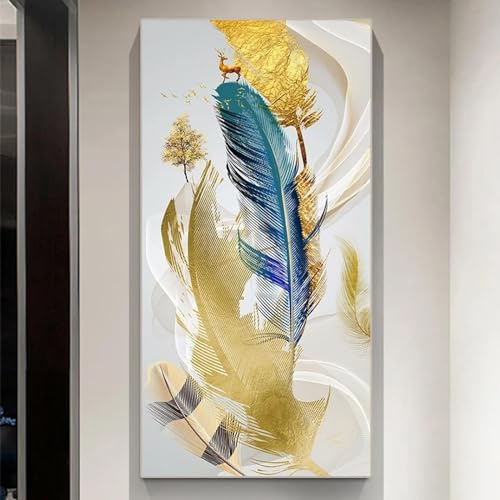 Peinture sur toile plumes dorées pour décoration murale chambre