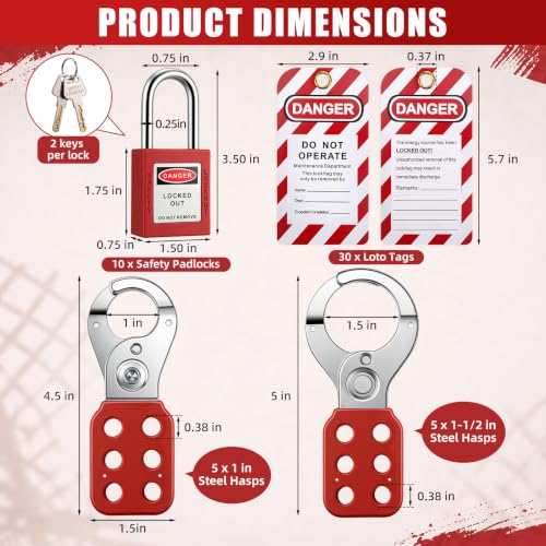 Image of Hicarer 50 Pcs Lockout Tagout Kit with Safety Padlocks, Hasps, Tags & Ties