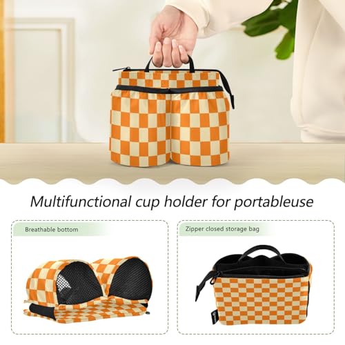 Image of Luggage Cup Caddy Bag Carrier with Handle - Free Hands Travel Drink Holder in Checkered Orange
