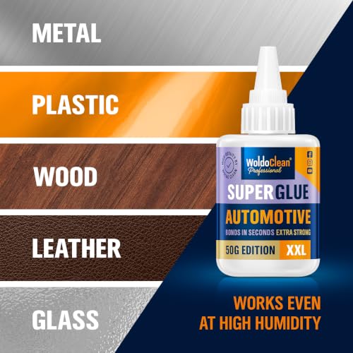 Image of WoldoClean Super Glue for Car 50g Automotive Adhesive - Emblem Bumper Trim | Exterior Interior Badge Decal, Heat Resistant Waterproof, Plastic Metal