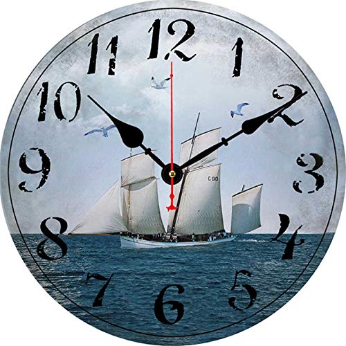 Orologi da parete, Orologio da parete Nave Barca a vela Stile moderno Orologio moderno in cartone di legno, Orologio da parete rotondo per la decorazione domestica Soggiorno Senza ticchettio Suono