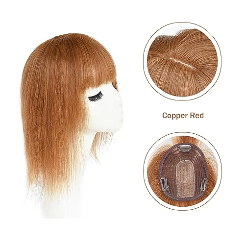 Hair Topper with Bangs Clip in Human Hair Toppers Seamless Hairpiece Toupee for Women Thick Silk Base Topper for Thicking Hair (5.1"x5.1" 12inch, Copper Red) - Image 4