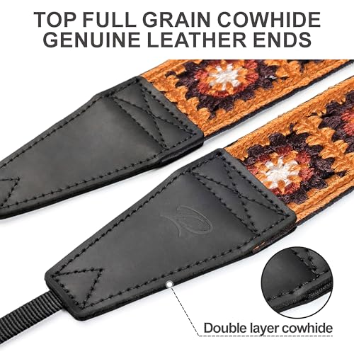 Image of Padwa Lifestyle Yellow Crochet Camera Strap - 2 inch Full Grain Leather Ends Camera Straps for Photographers, Vintage Embroidered Cotton Soft Suede Fabric Padded Strap with Quick Release fits All Cameras
