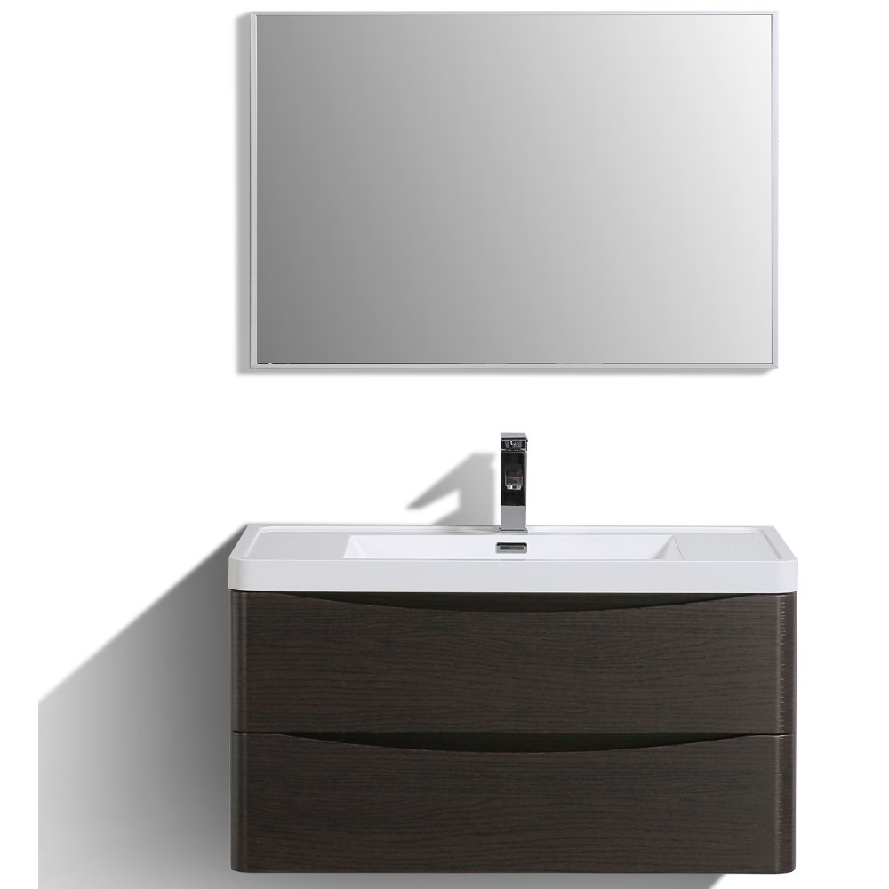 Eviva Smile 36 inch Chestnut Wall Mount Modern Bathroom Vanity with White Integrated Acrylic Top