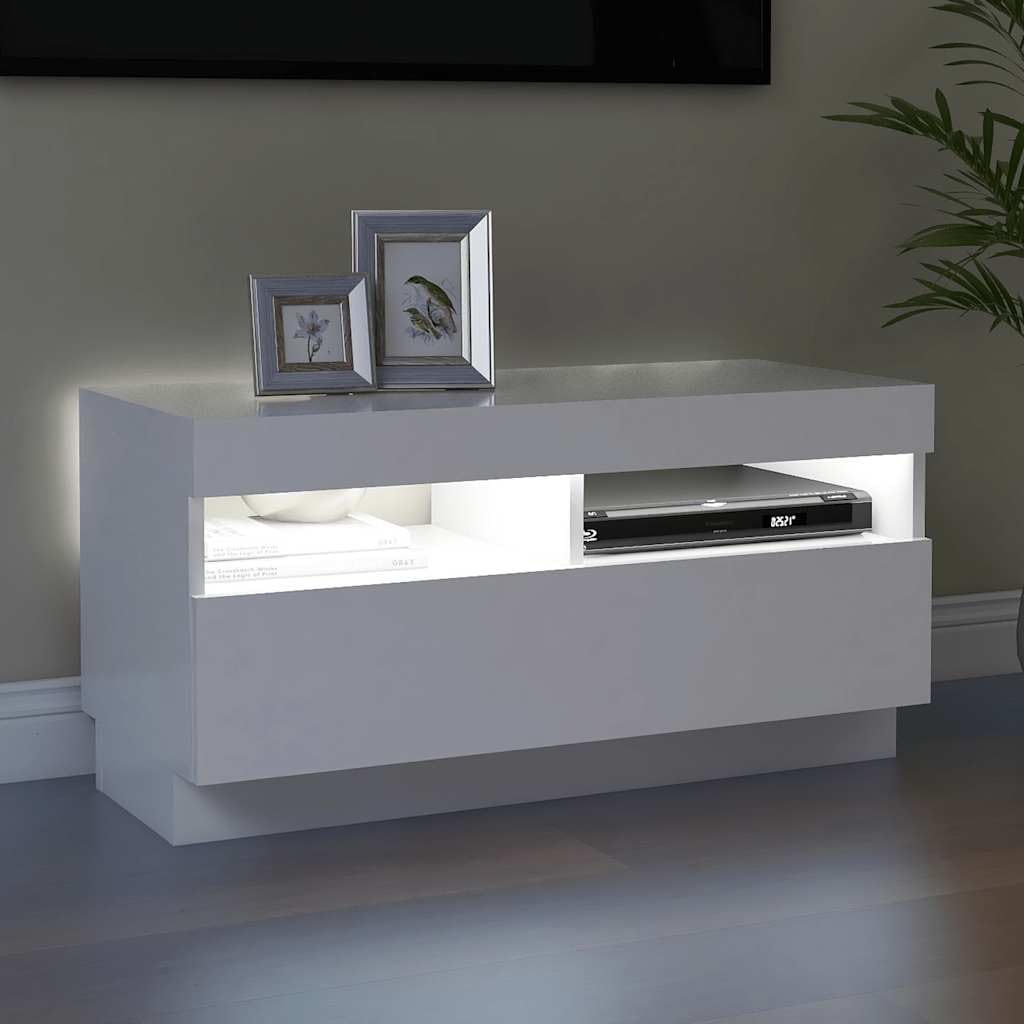 Mueble para TV con luces LED, color blanco, 80 x 35 x 40 cm, moderna consola multimedia, resistente, universal, soporte para TV para salón, dormitorio