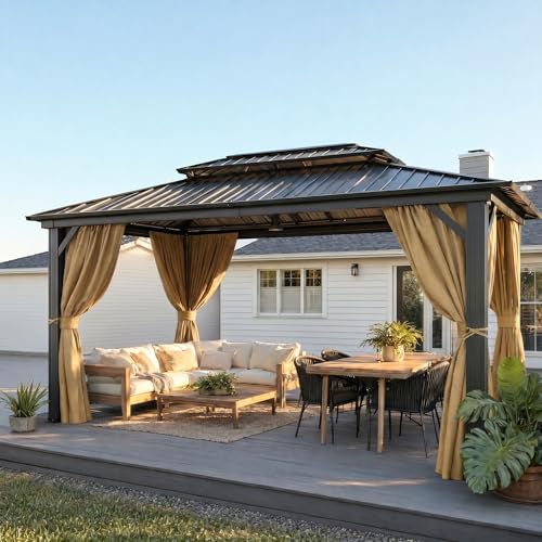 Image of HOTEEL 10x15 Hardtop Gazebo with Flame-Retardant Curtain & Netting, Hot Tub Gazebo with Galvanized Steel Double Roof, Heavy Duty Permanent Pavilion Outdoor for Patio, Frame Thickened, Brown