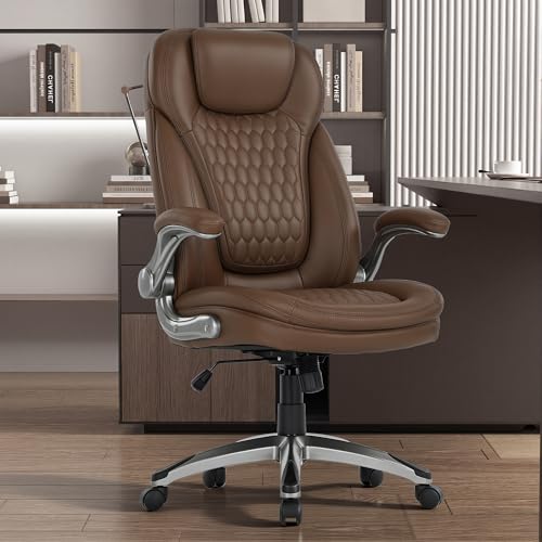 Image of COLAMY Executive Office Chair-Ergonomic Computer Desk Chair, High Back Leather Chair with Padded Flip-up Arms, Swivel Home Office Chair Upgraded Caster, Brown