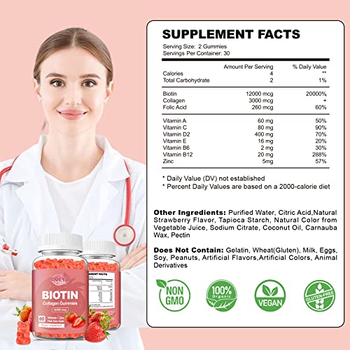 ACEYO Organic Biotin Collagen Gummies 12000mcg for Hair Growth with Zinc Women Men Skin and Nails Care Supplements Vitamins Vegan Strawberry Flavor