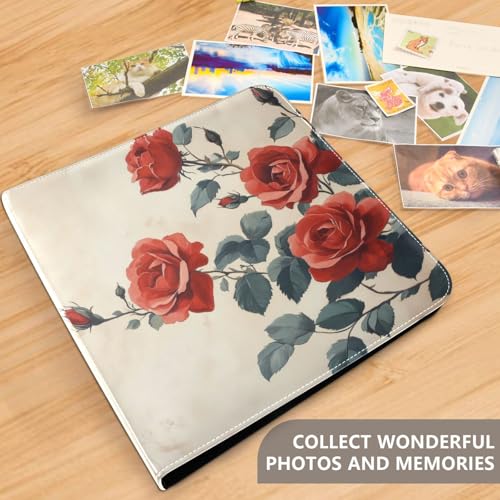 Álbum de fotos adhesivo DIY con cubierta de PU Leather rojo con motivo floral, 3 anillas, 40 páginas, 11.8 x 11.2 pulgadas miniatura 5