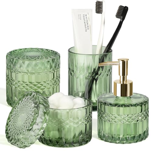 RACOBOT Green Bathroom Accessories Set 4Pcs Green Bathroom Decor Accessory Sets Complete Glass Soap Dispenser and Toothbrush Holder Set for Vintage Bathroom Countertop