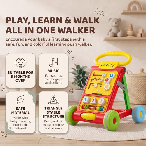 Image of Uonibaby Baby Push Walker, Musical Push Walker for 9 Months+, Toodler Walking Toy for 1 to 2 Years, Interactive Activity Panel with Gears, Shapes, Numbers & Beads, Sturdy Handle & Large Wheels