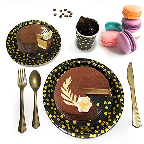 Black & Gold Party Supplies 350 Pcs Black Paper Plates Napkins Cups, Disposable Dinnerware Set With Gold Fork Knives Spoon For Retirement Birthday Wedding Party Decorations #TOP3