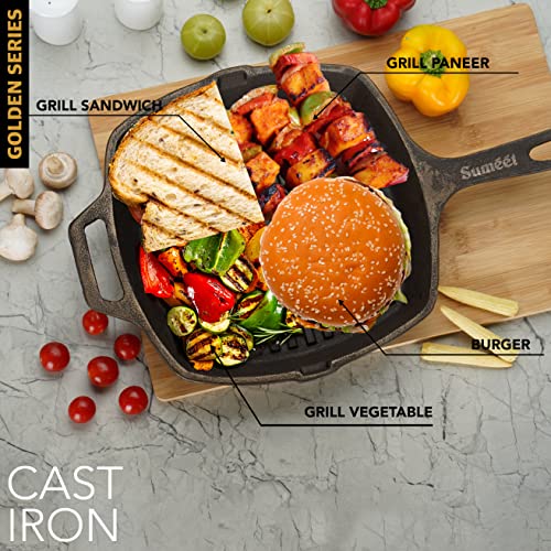 Image of Sumeet Super Smooth Gold Series Pre Seasoned Cast Iron Grill Pan for Grill /Fry /Saute /Roast |28cm 3.180kg, Gas & Induction-Friendly.