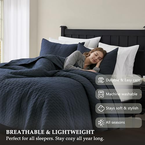 Image of palassio Navy Blue 100% Cotton Quilt Queen Size Bedding Sets with 2 Pillow Shams, Textured Lightweight Soft Bedspread Shabby Chic Coverlet, Quilted Comforter Bed Cover for All Season, 3 Pieces