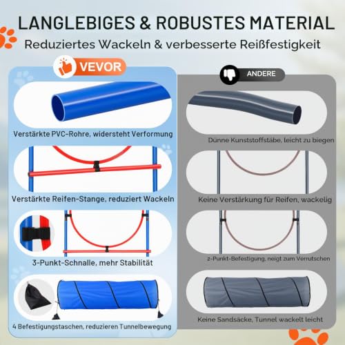 VEVOR Agility Set Hunde, 5-teiliges Set mit verstellbaren hohen Hürden, 6 Slalomstangen, Tunnel, Sprungring, Pausenbox, Pfeife, Faltbarer Schüssel, Hindernisparcours-Set mit Aufbewahrungstaschen