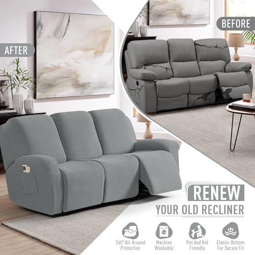 Image of TAOCOCO Recliner Sofa Covers 8-Pieces Stretch Large Couch Covers for 3 Seats Reclining Slipcovers Soft Jacquard Pattern Furniture Protector (Dusty Grey)