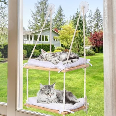 DEXLALA Cat Window Perch - Cat Window Hammock with Cushion Bed - Solid Wood Seat & Strong Suction Cups - Cat Window Bed & Furniture for Indoor - Hanging Window Shelf for Cats and Kittens(2-Layer) Cover