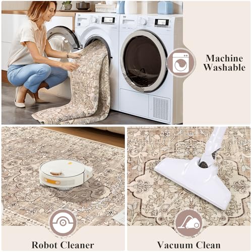 Pauwer Boho Washable Area Rug 4x6 Soft Living Room Bedroom Floor Carpet Mat Indoor Farmhouse Vintage Non Slip Accent Throw Rugs for Entryway Kitchen Dorm Dining Room